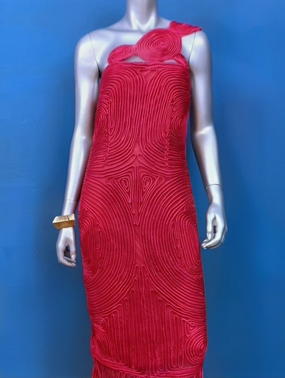 🆕️🔴ARRANGE Embroidered Satin One Shoulder Maxi Dress w/ Cutwork Design / (NWT) - Picture 12 of 13